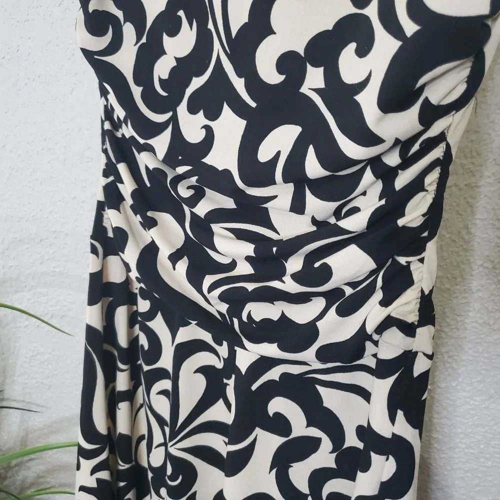 Enfocus Studio I Cream/Black Vine Patterned A-Line Scoop Neck Ruched Dre… - Picture 9 of 14
